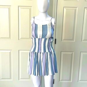 Ocean Drive Fiji Blue,White,Lilac Striped, Smocked Ruffle  Halter Mini Dress-S
